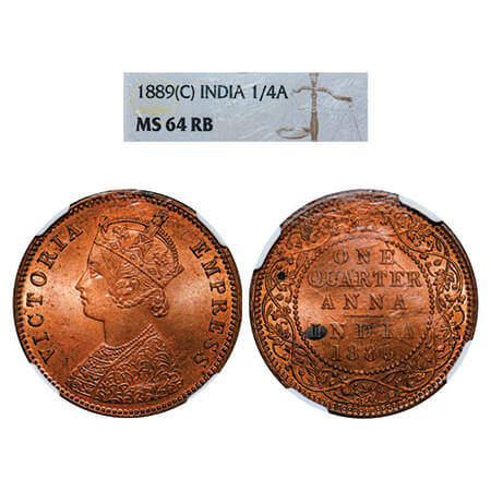 Victoria Empress, Copper, Quarter Anna, 1889, Calcutta Mint, B/II, No mint mark. GK 848. N