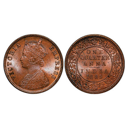Victoria Empress, Copper, Quarter Anna, 1889, Calcutta Mint, B/II, No mint mark. GK 848. B