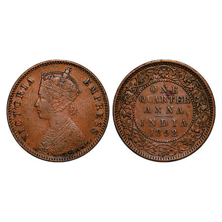 Victoria Empress, Copper, Quarter Anna, 1892, Calcutta Mint, B/II, No mint mark. GK 851. V