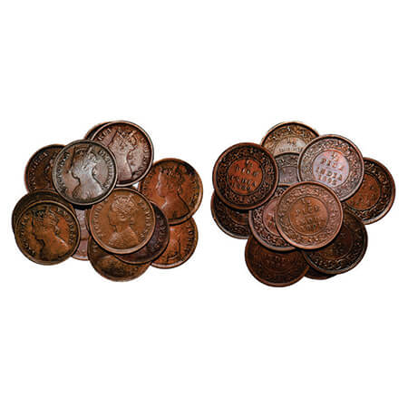 Victoria Empress, Copper, 1/2 Pice, (Lot of 13 coins), 1885, 1889, 1891, 1892, 1893, 1894,