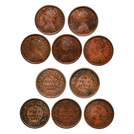 Victoria Empress, Copper, 1/2 Pice, (Lot of 5 coins), 1887, 1892, 1893, 1894, 1896, Calcut