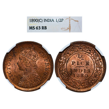 Victoria Empress, Copper, 1/2 Pice,1890, Calcutta Mint,A/I, No mint mark. GK 870. NGC Slab
