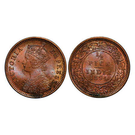 Victoria Empress, Copper, 1/2 Pice, 1894, Calcutta Mint, A/I, No mint mark. GK 874. Uncirc
