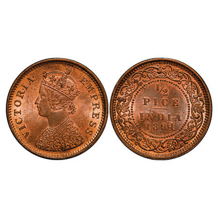 Victoria Empress, Copper, 1/2 Pice, 1894, Calcutta Mint, A/I, No mint mark. GK 874. Uncirc
