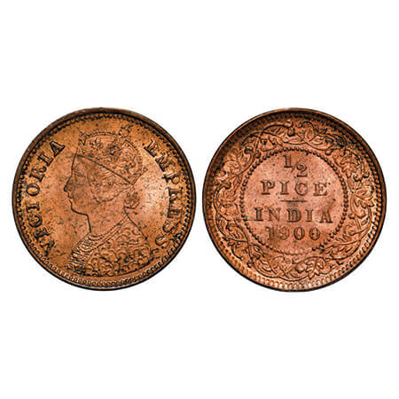Victoria Empress, Copper, 1/2 Pice, 1900, Calcutta Mint, A/I, No mint mark. GK 880. Brilli