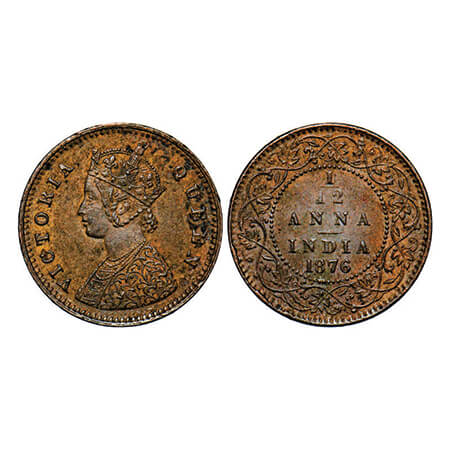 Victoria Queen, Copper, 1/12 Anna,1876, Calcutta Mint, Obv A,No mint mark. GK 888. Extreme