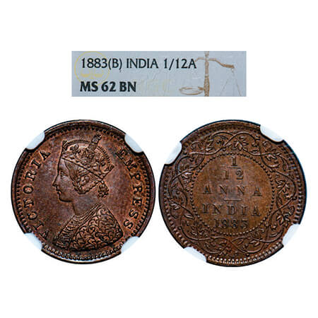 Victoria Empress, Copper, 1/12 Anna,1883, Bombay Mint, Obv A, No Mint mark. GK 895. NGC Sl