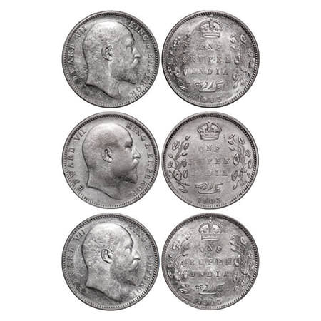 Edward VII, Silver, Rupee,(3 coins), 1903, Bombay Mint, 1) 'B' raised and no dot, 2) 'B' i