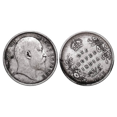 Edward VII, Silver, Rupee, 1905, Calcutta Mint, No mint mark, 11'o clock die rotation on R