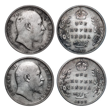 Edward VII, Silver, Rupee, (2 coins), Bombay Mint, 1) 1906, 'B'incused and dot, 2) 1910, N