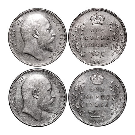 Edward VII, Silver, Rupee, (2 coins), 1906, Bombay Mint, 1) 'B' incused and dot, 2) No B o