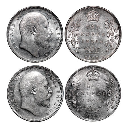 Edward VII, Silver, Rupee, (2 coins), 1907, 1) Calcutta mint, No mint mark, 2) Bombay Mint
