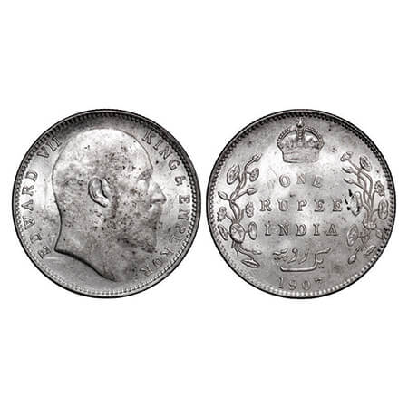 Edward VII, Silver, Rupee, 1907, Bombay Mint, 'B' incused, Dot, Die crack on Obv. GK 943. 
