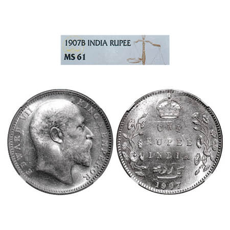 Edward VII, Silver, Rupee,1907, Bombay Mint, 'B' incused and dot, Narrow numeral 7. GK 944