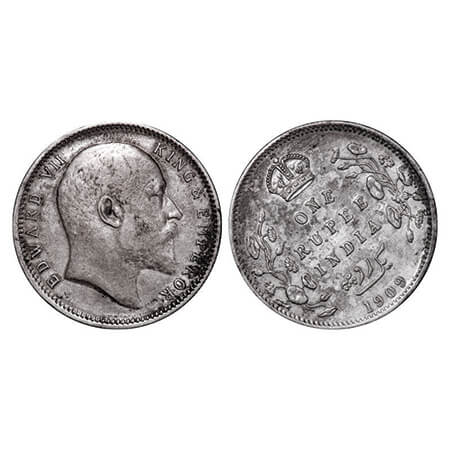 Edward VII, Silver, Rupee, 1909, Calcutta Mint, No mint mark, 11'o clock die rotation on R
