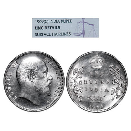 Edward VII, Silver, Rupee,1909, Calcutta Mint, No mint mark. GK 950. NGC Slabbed UNC Detai