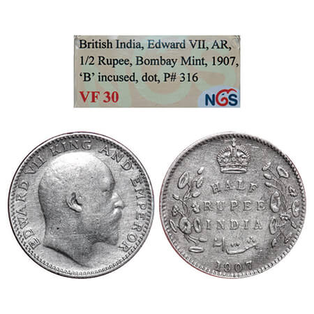 Edward VII, Silver, Half Rupee, 1907, Bombay Mint, B incused and no dot. GK 965. NGS Slabb