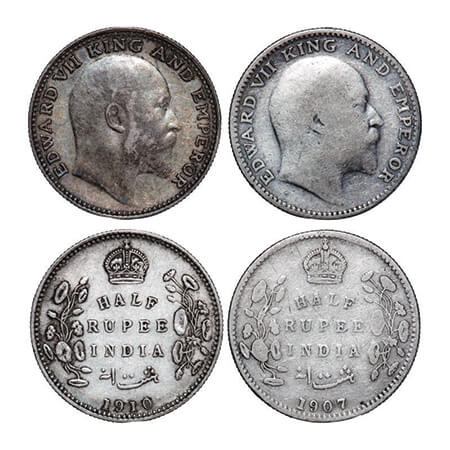 Edward VII, Silver, Half Rupee, (2 coins), 1907, 1910, Bombay Mint, 'B' incused and dot. G