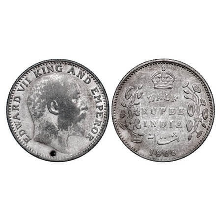 Edward VII, Silver, Half Rupee, 1908, Calcutta Mint, No mint mark. GK 968. Very Fine, Clea