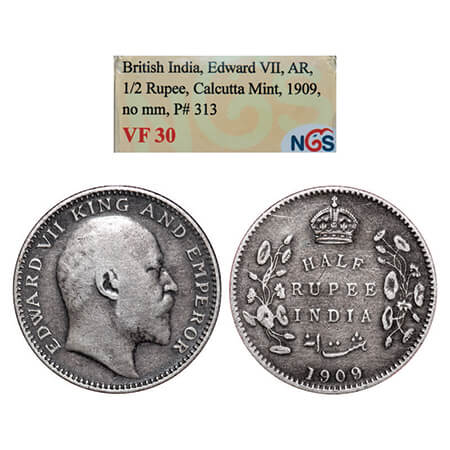 Edward VII, Silver, Half Rupee, 1909, Calcutta Mint, No mint mark. GK 969. NGS Slabbed VF 