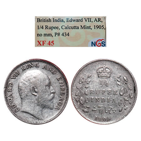 Edward VII, Silver, 1/4 Rupee, 1905, Calcutta Mint, No mint mark. GK 974. NGS Slabbed XF 4