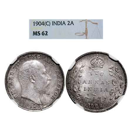 Edward VII, Silver, 2 Annas,1904, Calcutta Mint, No mint mark. GK 981. NGC Slabbed MS 62. 