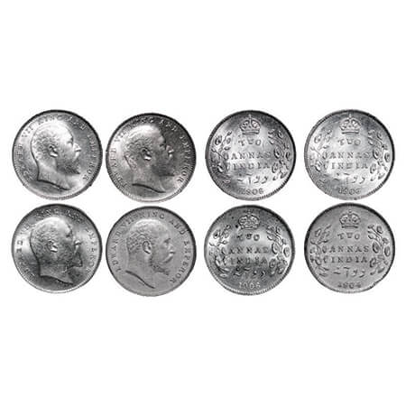 Edward VII, Silver, 2 Annas, (4 coins), 1904, 1906(3),Calcutta Mint, No mint mark. GK 981,