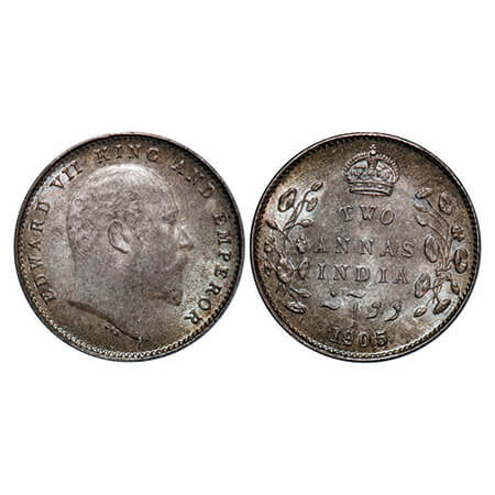 Edward VII, Silver, 2 Annas, 1905, Calcutta Mint, Die crack on Obv. GK 982. Uncirculated, 