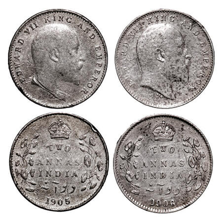Edward VII, Silver, 2 Annas, (2 coins), 1905, 1906, Calcutta Mint, No mint mark. GK 982, 9