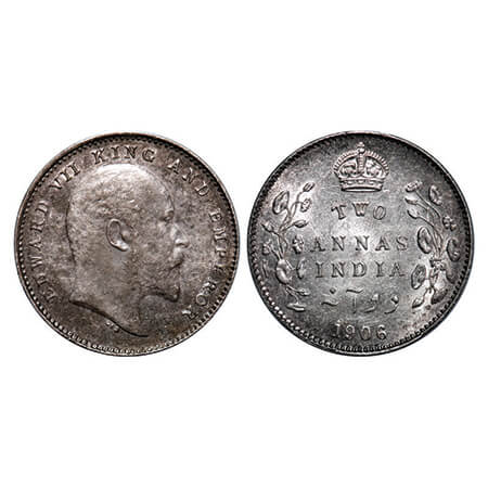 Edward VII, Silver, 2 Annas, 1906, Calcutta Mint, No mint mark. GK 983. Extremely Fine+. S