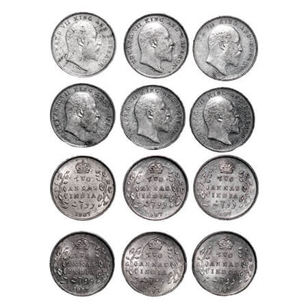 Edward VII, Silver, 2 Annas, (6 coins), 1907, Calcutta Mint, No mint mark. GK 984. About U