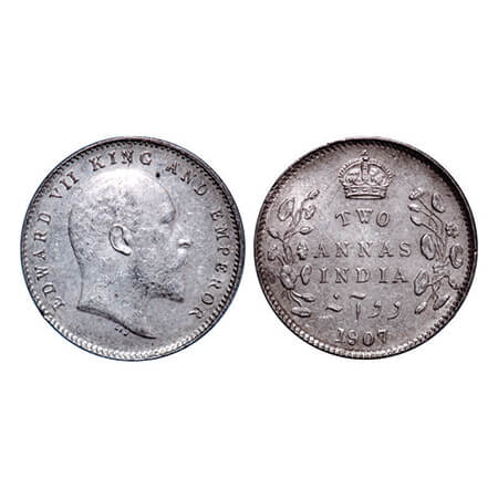 Edward VII, Silver, 2 Annas, 1907, Calcutta Mint, No mint mark. GK 984. About Uncirculated