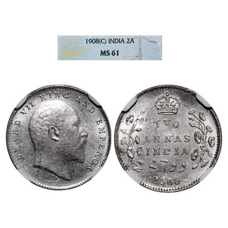 Edward VII, Silver, 2 Annas, 1908, Calcutta Mint, No mint mark. GK 985. NGC Slabbed MS 61.