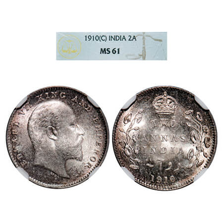 Edward VII, Silver, 2 Annas,1910, Calcutta Mint, No mint mark. GK 987. NGC Slabbed MS 61. 