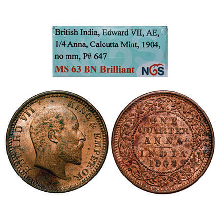Edward VII, Copper, Quarter Anna, 1904, Calcutta Mint, No mint mark. GK 995. NGS Slabbed M