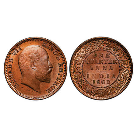 Edward VII, Copper, Quarter Anna, 1905, Calcutta Mint, No mint mark. GK 996. Extremely Fin