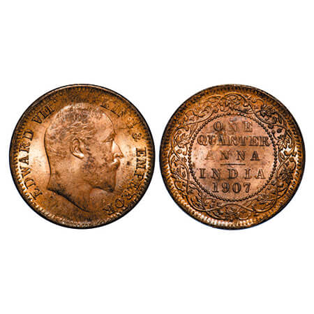 Edward VII, Bronze, Quarter Anna, 1907, Calcutta Mint, No mint mark. GK 999. Uncirculated,
