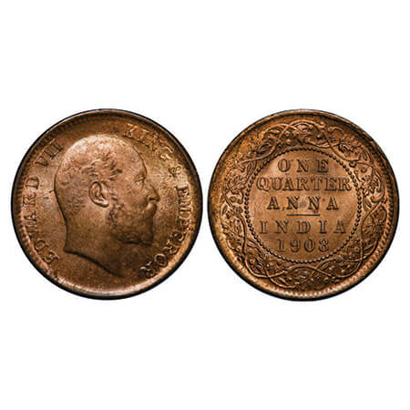 Edward VII, Bronze, Quarter Anna, 1908, Calcutta Mint, No mint mark. GK 1000. Uncirculated