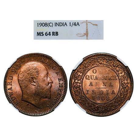 Edward VII, Bronze, Quarter Anna, 1908, Calcutta Mint, No mint mark. GK 1000. NGC Slabbed 