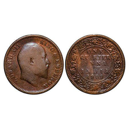 Edward VII, Bronze, Quarter Anna, 1909, Calcutta Mint, No mint mark. GK 1001. Very Fine. S
