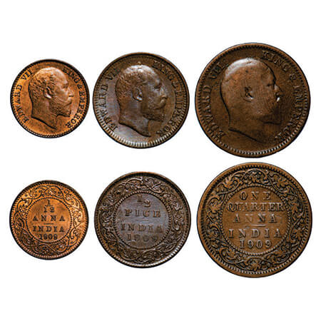 Edward VII, Bronze, (3 coins), 1) Quarter Anna, 1909, Calcutta mint, No mint mark, 2) 1/2 