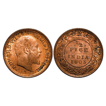 Edward VII, Copper, 1/2 Pice, 1903, Calcutta Mint, No mint mark. GK 1003. Uncirculated. Ve