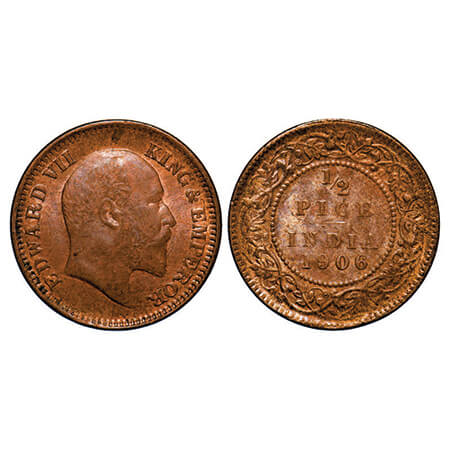 Edward VII, Copper, 1/2 Pice, 1906, Calcutta Mint, No mint mark.GK 1006. Uncirculated. Ver