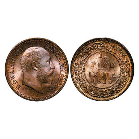 Edward VII, Bronze, 1/2 Pice, 1910, Calcutta Mint, No mint mark. GK 1011. Brilliant Uncirc