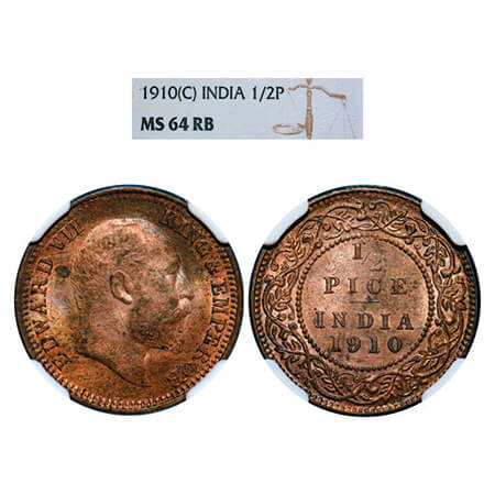 Edward VII, Bronze, 1/2 Pice,1910, Calcutta Mint, No mint mark. GK 1011. NGC Slabbed MS 64