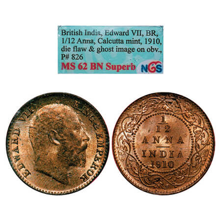 Edward VII, Bronze, 1/12 Anna,1910, Calcutta Mint, No mint mark, Die flaw and ghost mentio