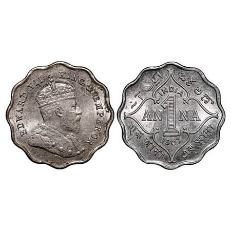 Edward VII, Copper-Nickel, 1 Anna,1907, Bombay Mint,'B' incused, Die crack on Rev. GK 990.