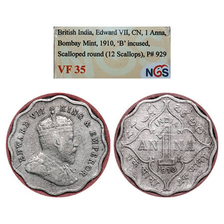 Edward VII, Copper-Nickel, 1 Anna, 1910, Bombay Mint, 'B' incused. GK 993. NGS Slabbed VF 