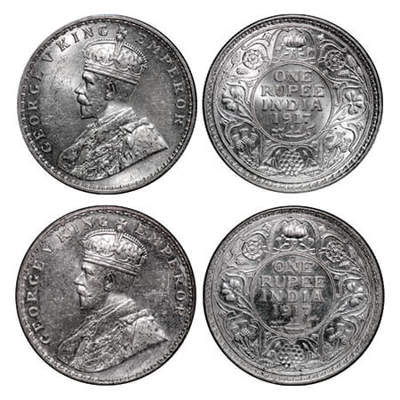 George V, Silver, Rupee, (2 coins), 1917, 1) Calcutta Mint, No dot, 2) Bombay Mint, Dot. G