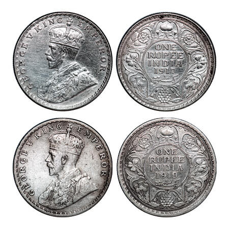 George V, Silver, Rupee, (2 coins), 1917, 1919, Bombay Mint, Dot. GK 1036, 1040. Very Fine